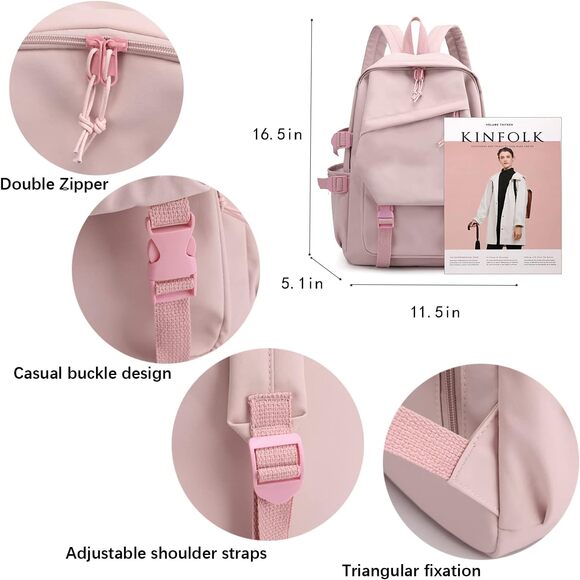 Aesthetic Pink Nylon Backpack with Buckle Straps & Side Pockets Teen, Adult, Kid - Picture 3 of 5